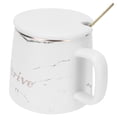 thumbnail image 3 of Taza con diseño de mármol, taza de cerámica original con cuchara y tapa para el hogar, viajes, oficina, al aire libre, color blanco, 3 of 14
