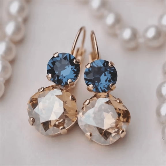JennyShop Exquisite Women Fashion Earrings Gold Color Round Inlaid Blue Champagne Stone Dangle Earrings for Women