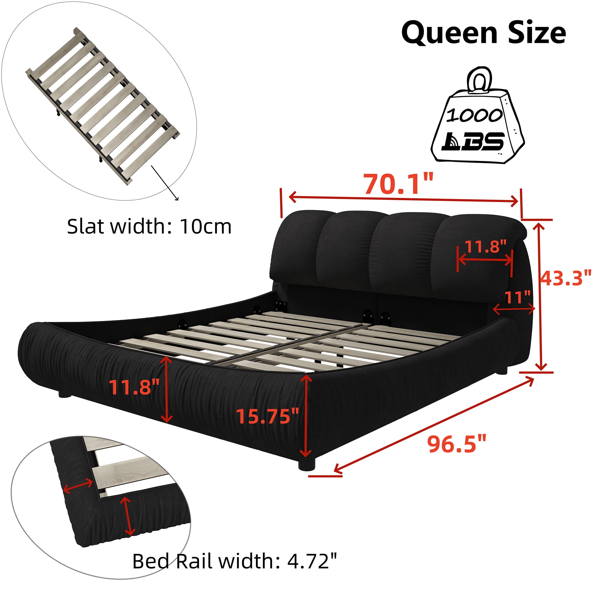 Soft Queen Bed Frame With Headboard,Upholstered Platform Bed Frame With Oversized Padded Backrest And Solid Wood Frame For Bedroom,Apartment Room,Black