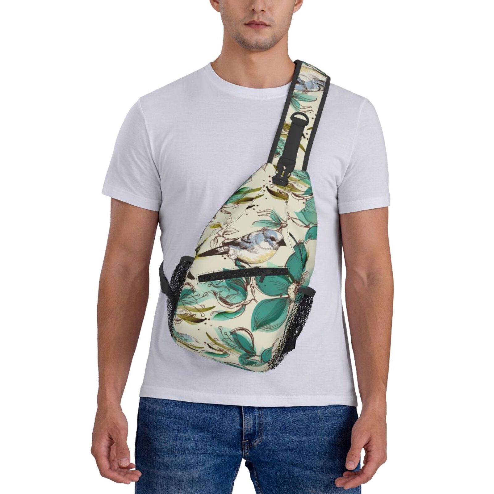 Retro Flowers Birds Watercolor Sling Backpack Shoulder Chest Crossbody Bag Causal Travel Hiking Daypack