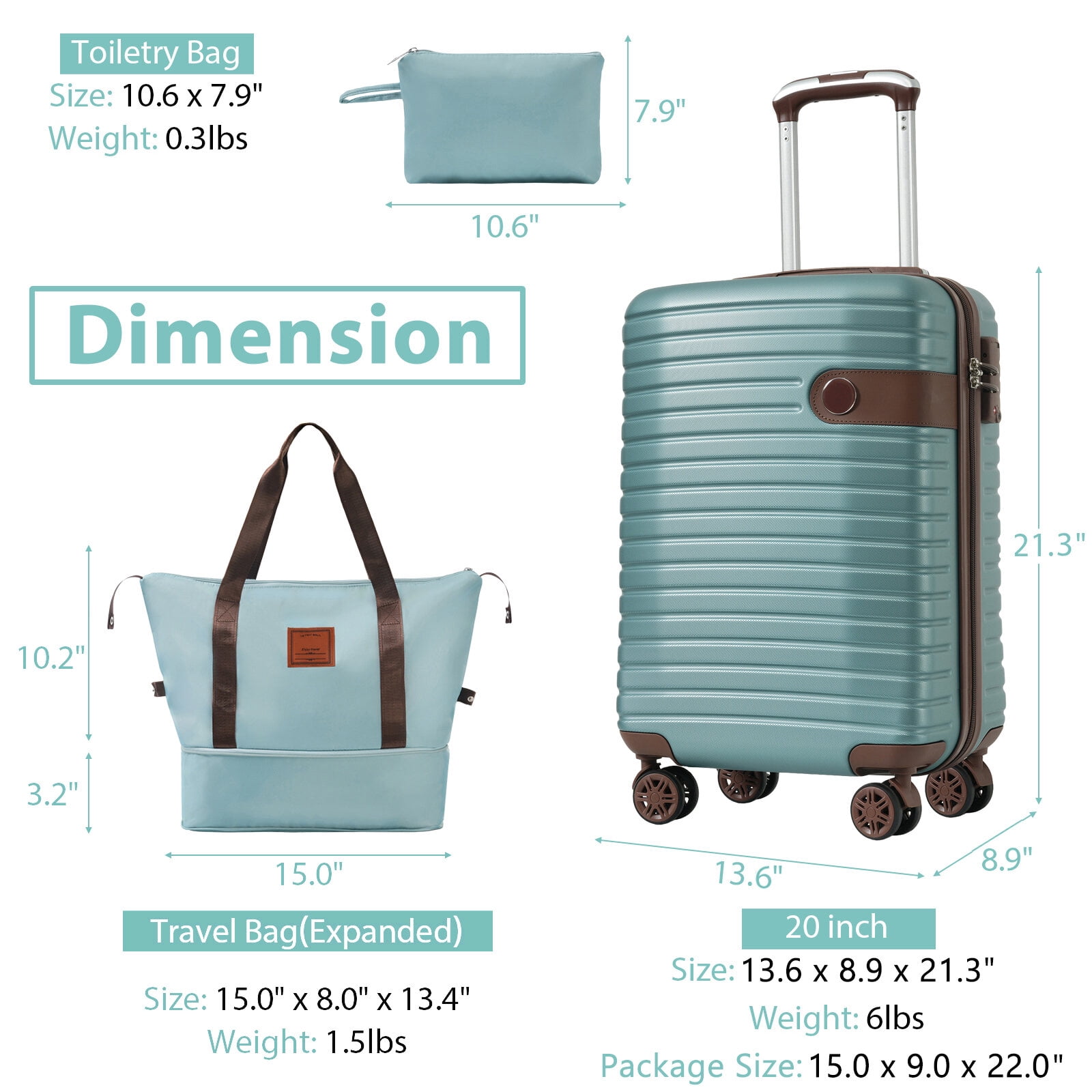 Hardside Luggage Luggage Sets 3 Piece Carry on Luggage 22x14x9 Airline Approved, Lightweight Hardshell ABS Suitcases with Wheels, 20 inch, Blue,Hardside Suitcase