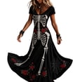 thumbnail image 2 of Wovilon Women's Skeleton Print Dress, V-Neck Short Sleeve with Rose and Spiderweb Detail, A-Line Maxi for Halloween Party, 2 of 5