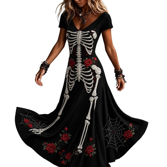 Ovbmpzd Plus Size Halloween Dresses for Women Plus Size Maxi Black Bone Print A-Line Dresses Flowy Short Sleeve V Neck Dresses,XXXXXL