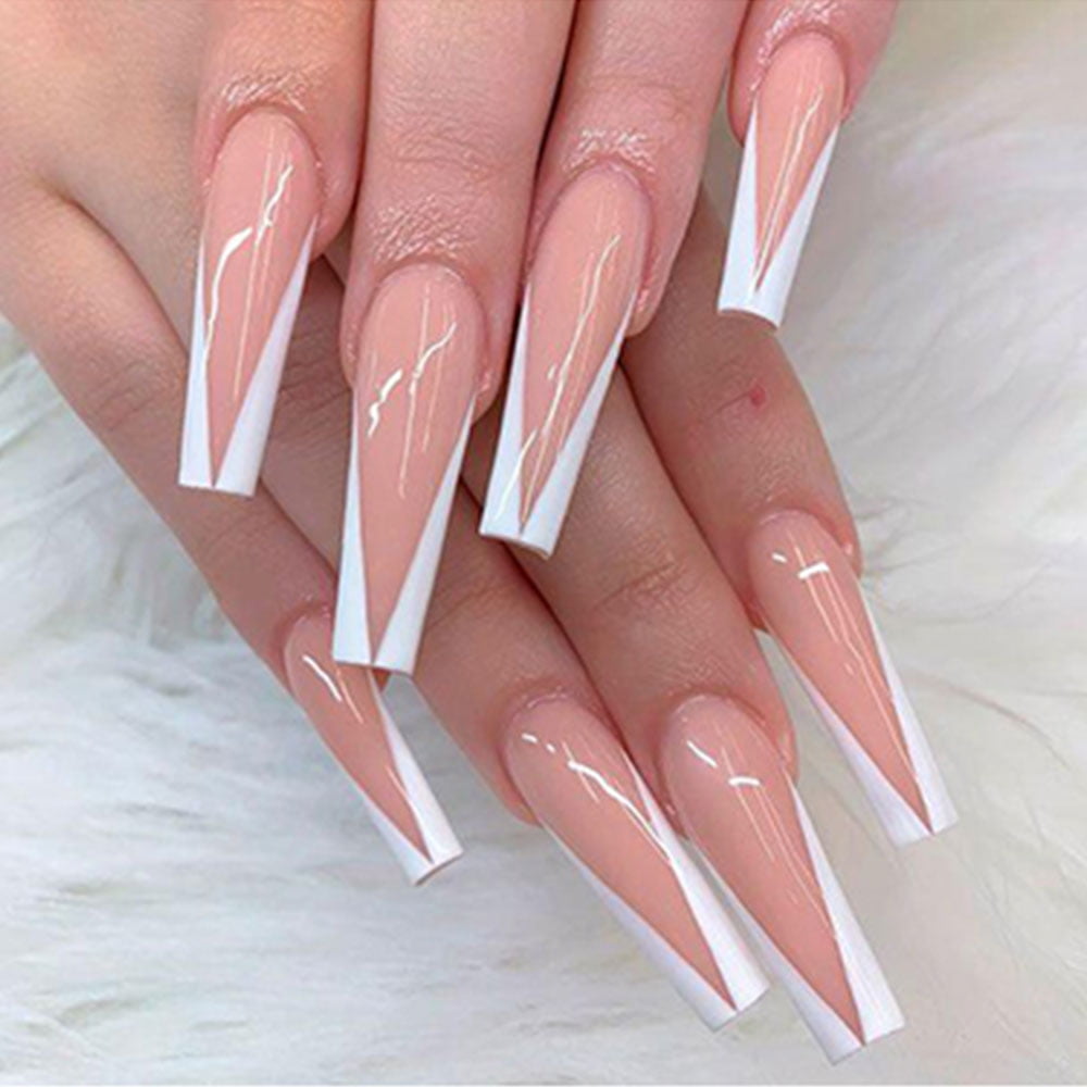 Neckon Coffin False Nails Long Wave Line Fake Nails Pink Press on Nail –  EveryMarket