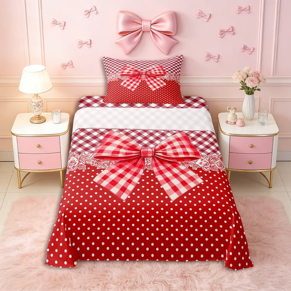 Erosebridal Girls Red Plaid Bowknot Twin Sheet Sets 3pcs,Teens Vintage Polka Dots Flowers Bedding,Super Cozy Room Decor