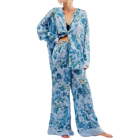 VISALY Pajama Sets Lightweight Sets Silk Satin Pajamas Set 2 Piece Wide Leg Pants Long Sleeve foral Printed Sets Plus Size Pajamas Sleep Sets Sleepwear Sets Lounge Sets Matching Pajama Set Blue Xl