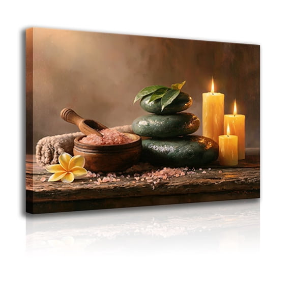 A Zen-inspired spa wall art canvas frame, featuring stacked stones, candles, and Himalayan salt posters, perfect for Zen, relaxation, spa, and minimalist home décor.