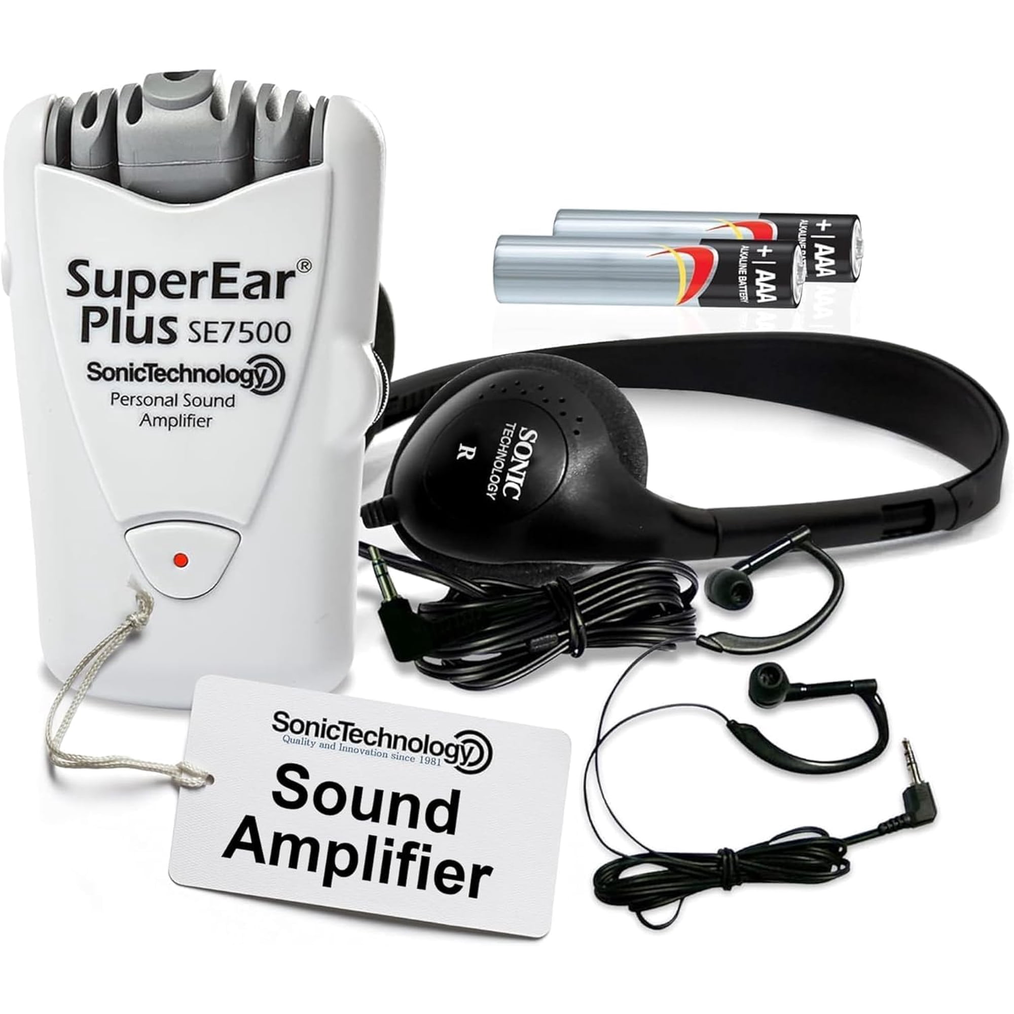 SuperEar Plus SE7500 Personal Sound Amplifier by Sonic Technology with Headphone & Earbud, Case, Extra Batteries & Liberty Microfiber Cleaning Cloth