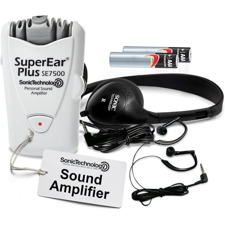 SuperEar Plus SE7500 Personal Sound Amplifier by Sonic Technology with Headphone & Earbud, Case, Extra Batteries & Liberty Microfiber Cleaning Cloth