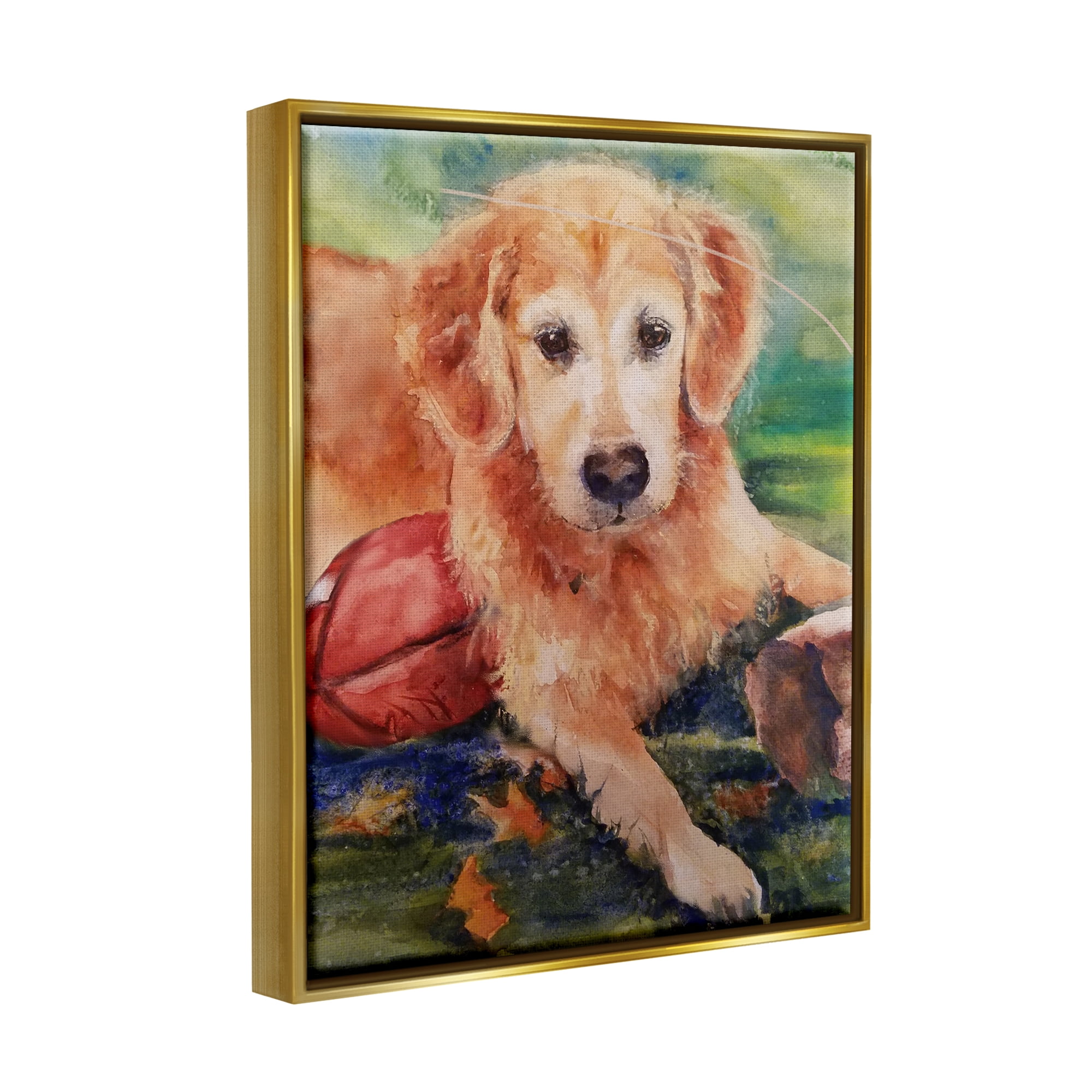 Stupell Industries Retriever Dog with Football Animals & Insects Painting Gold Floater Framed Art Print Wall Art, 17 x 21