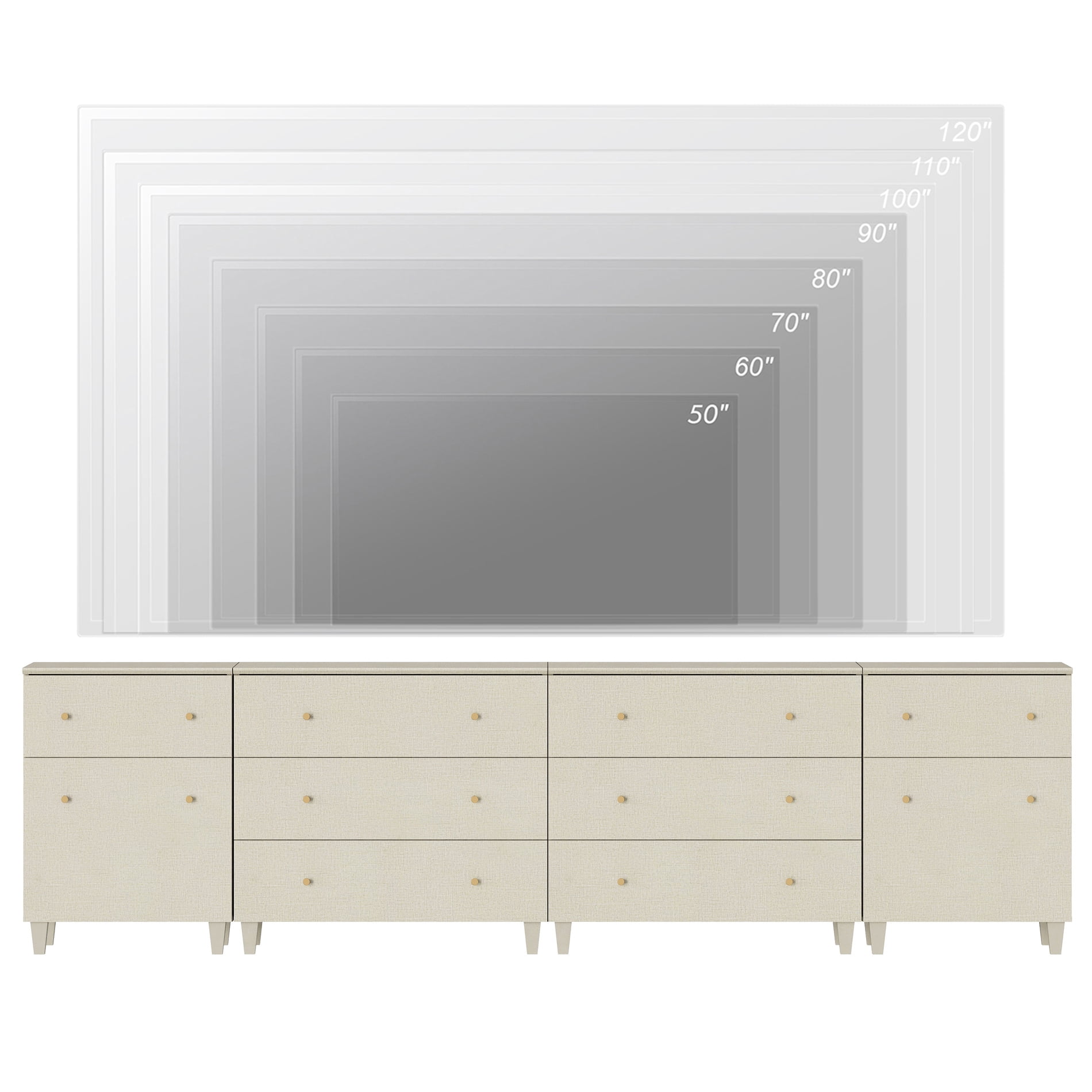 WAMPAT Wide Modern TV Stand for 110+ Inches TVs, 4-in-1 Large Wooden Media Console with 8 Spacious Drawers and 2 Storage Cabinets for Living Room, Beige