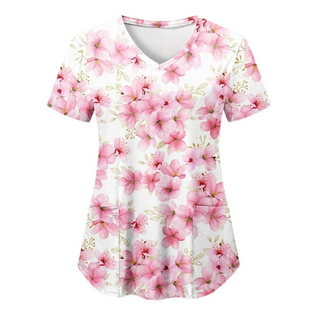 

Podplug Women S Short Sleeved Flower Printed Overalls Beauty Salon Nurse Surgeon Isolation Overalls Tops