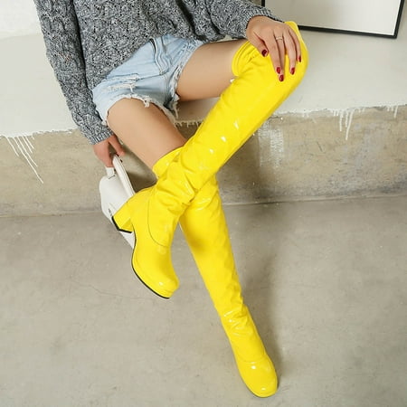 

YOTAMI Mens Boots Foreign Trade Candy Color Patent Leather Ladies Back Zipper Thick Heel Round Toe Over-the-knee Boots Workwear Yellow 6.5