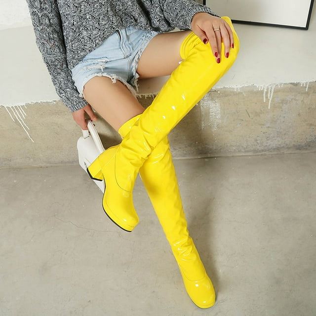 Foreign Trade Candy Color Patent Leather Ladies Back Zipper Thick Heel Round Toe Over-the-knee Boots
