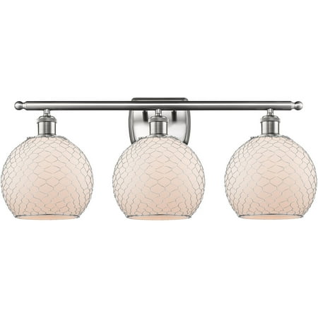 

Brushed Satin Nickel Tone Bathroom Vanity 26 Wide White with Nickel Chicken Wire Glass Steel/Cast Brass Medium Base 3 Light Fixture