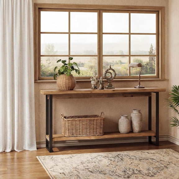 Finmind 63" Solid Wood Live-Edge Console Table, Farmhouse Narrow Sofa Table Behind Couch with Metal Legs for Entryway, Living Room