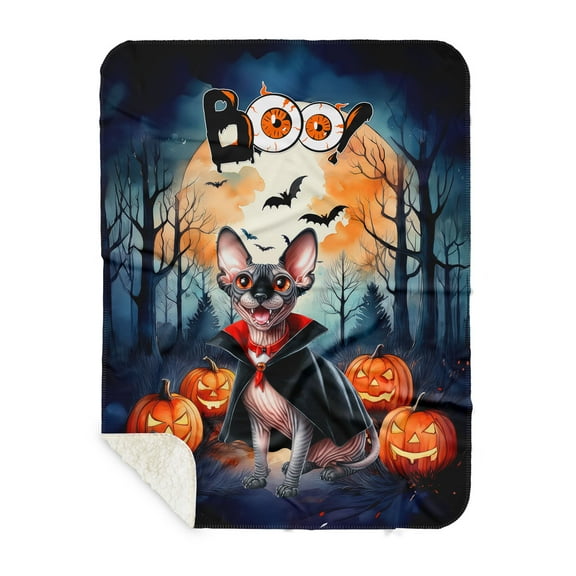 Happy Halloween Vampire Sphynx BOO with Pumpkins Fun and Spooky Cozy Sherpa Blanket Cat Lover Kitten Owner Gifts Idea Warm Soft Throw Blanket - 00018