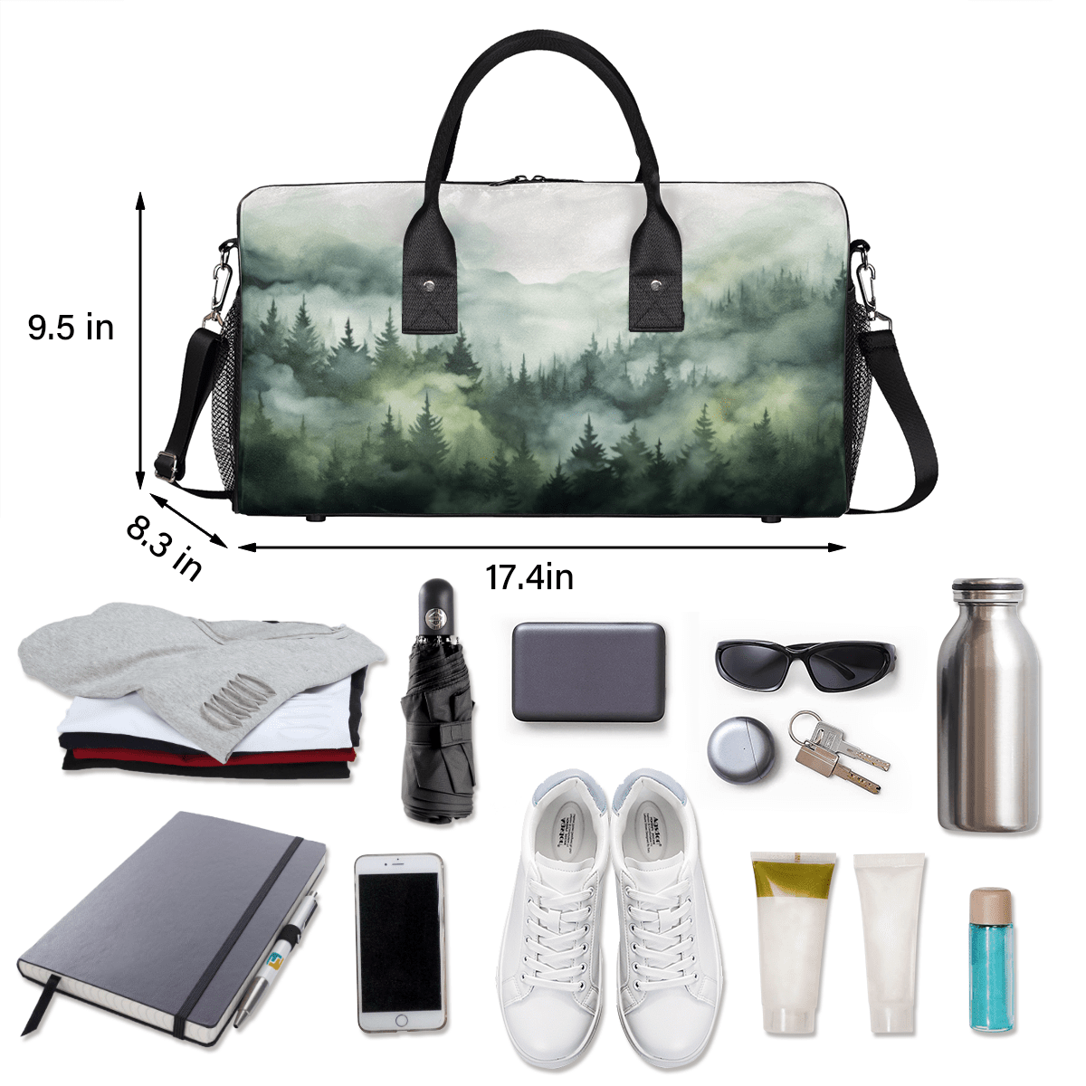 Herdesigns Green Misty Forest Gym Bag for Women Men, Travel Duffle Bag Lightweight Waterproof Carry on Weekender Overnight Tote for Dance Cheer Sport, Mountain Pine Tree