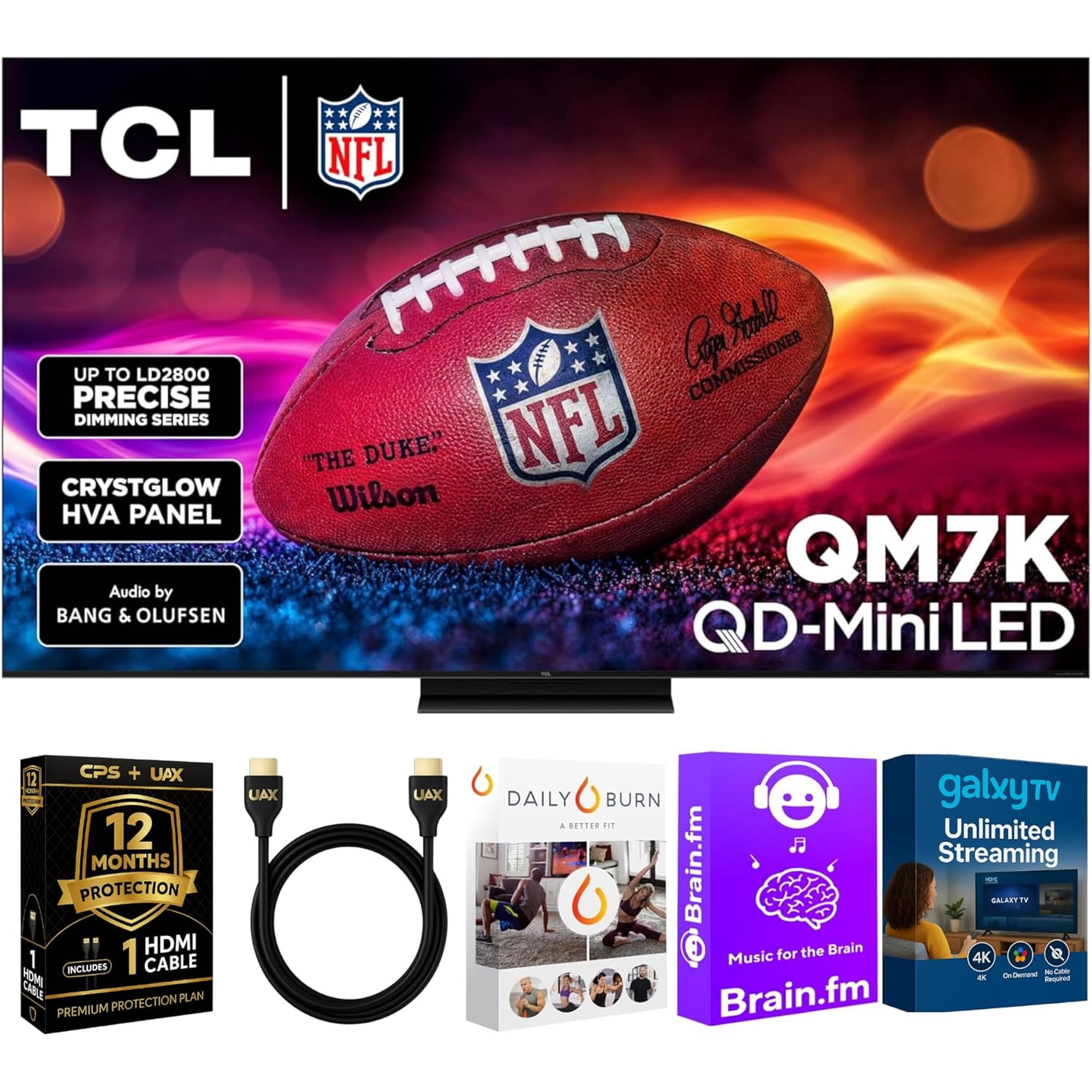 TCL 65-Inch QM7K QD Mini LED Smart Google TV - Dolby Vision , Dolby Atmos, HDR, Game Accelerator 288 Hz, Alexa Compatible w/ 12 Month CPS Protection, AUX HDMI Cable, Streaming Bundle