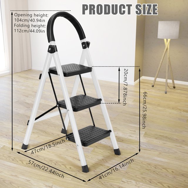 ZNNT Step Ladder, 3 Step Ladder Folding Step Stool, Multi-Purpose Collapsible Ladder for Home or RV Outdoor Work, Heavy Duty 330 lbs Load (White, Red) -Clearance-Ladder Strap