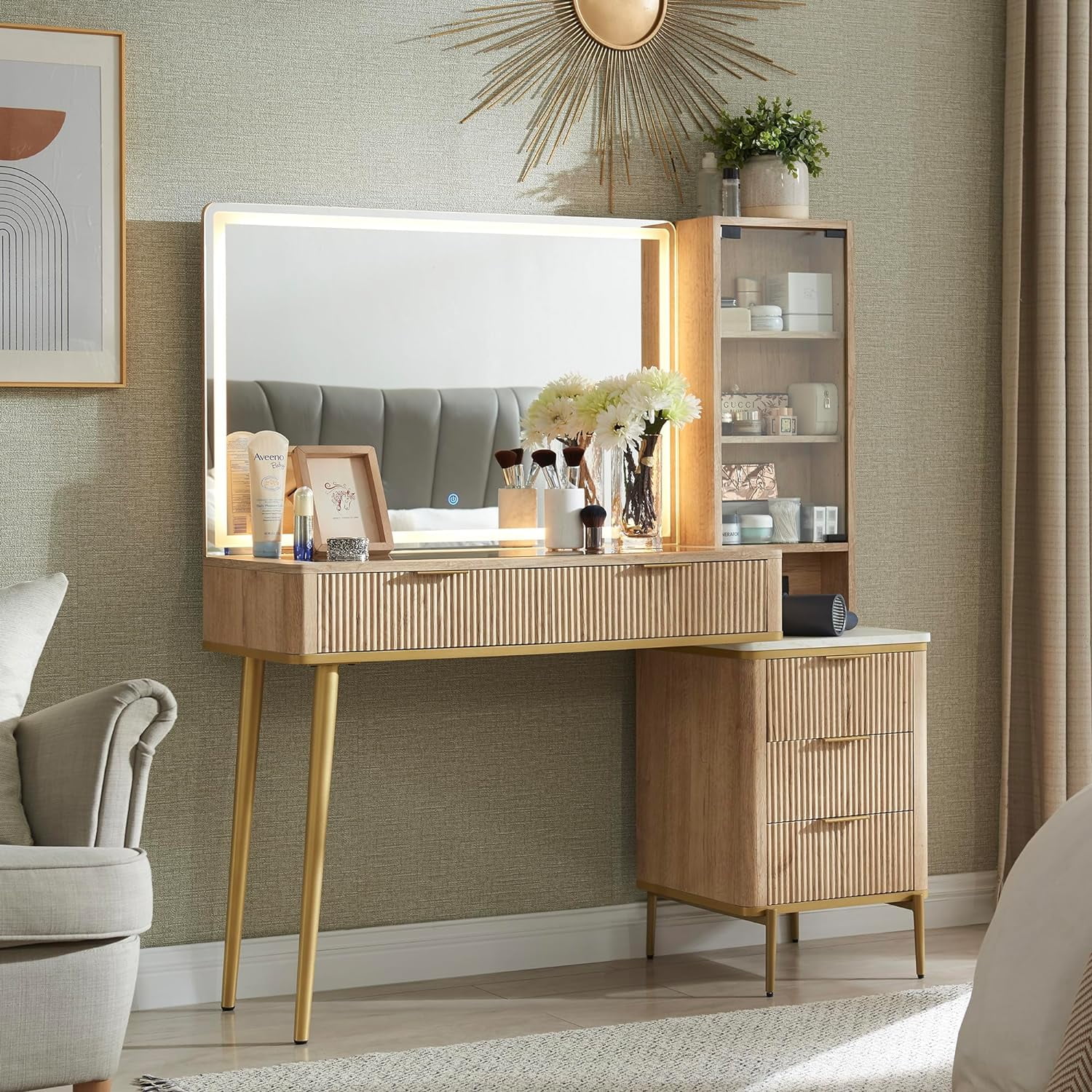 OKD Makeup Vanity Table with Lights and Mirror, Vanity Desk with 5 Drawers and Charging Station for Bedroom,Oak