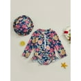 thumbnail image 2 of Suealasg Kids Girl One Piece Swimsuits Toddler Girl Long Sleeve Floral Print Rash Guard Swimwear + Sun Hat Baby Girl Summer Bathing Suit Beachwear 0-3 Years, 2 of 9