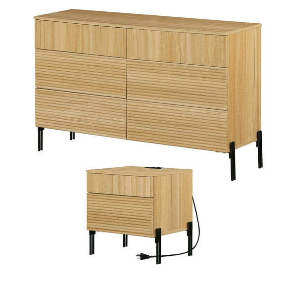 6 Drawer Dresser And Nightstand Set For Bedroom, 2 Pcs Bedroom Set With Minimalist Reeded Design, Oak Double Dresser With Hidden Handles