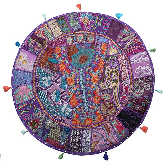 Stylo Culture Ethnic Outdoor Floor Cushion Cover Vintage Patchwork Yoga Pillow Case Purple 32x32 Large Decorative Bohemian Round Hassock Pouffe Cover Footstool Cotton Embroidered 1 Pc