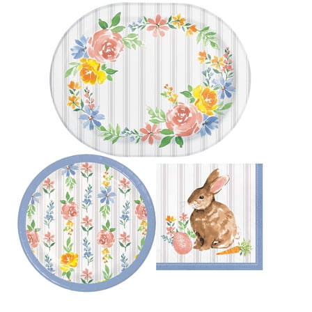 Floral Party Supplies - DHF10 Tableware Bundle for 8 Guests in Spring Cottage Bunny Design - Oval Dinner Platters, Dessert Plates, and Napkins