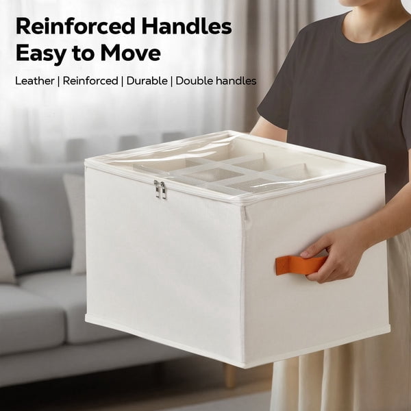 Riousery 2 Pack Foldable Shoe Organizer for Closet, Shoe Storage Bins with Clear Zipper Cover and Handles, Holds up to 24 Pairs, Beige