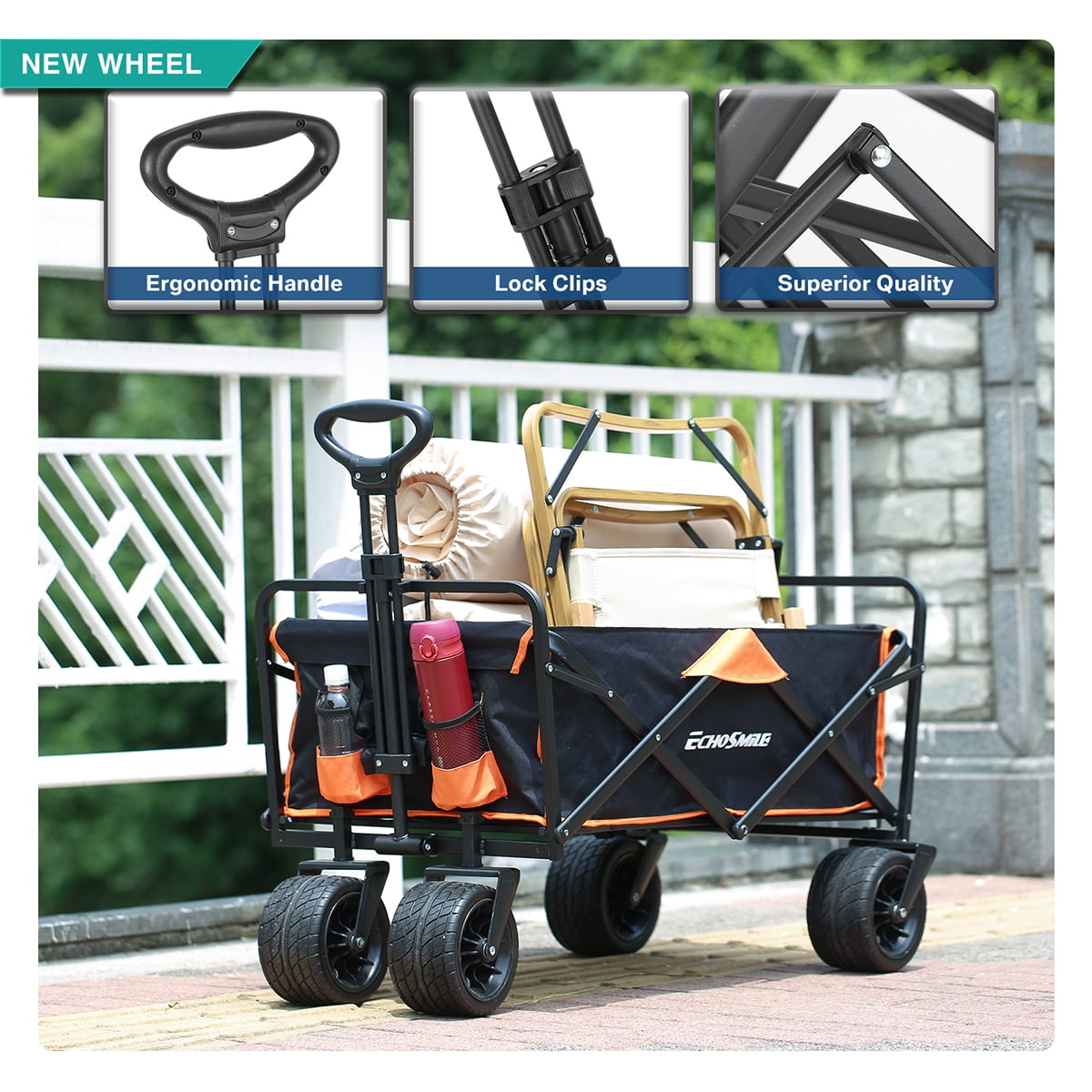 Collapsible Wagon, 350 Lbs Capacity Outdoor Folding Camping Wagons, Grocery Portable Utility Cart, Adjustable Rolling Carts, All Terrain Sports Wagon with Big Wheels