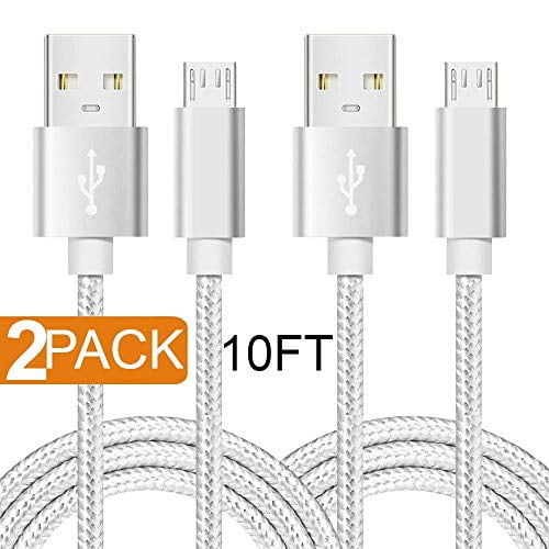 Micro USB Cable Android Charger, Durable Nylon-Braided Fast Sync&Charging Cord for Samsung, Kindle, HTC, Nexus, LG, Xbox, PS4, Smartphones & More - Silver (2-Pack 10FT)