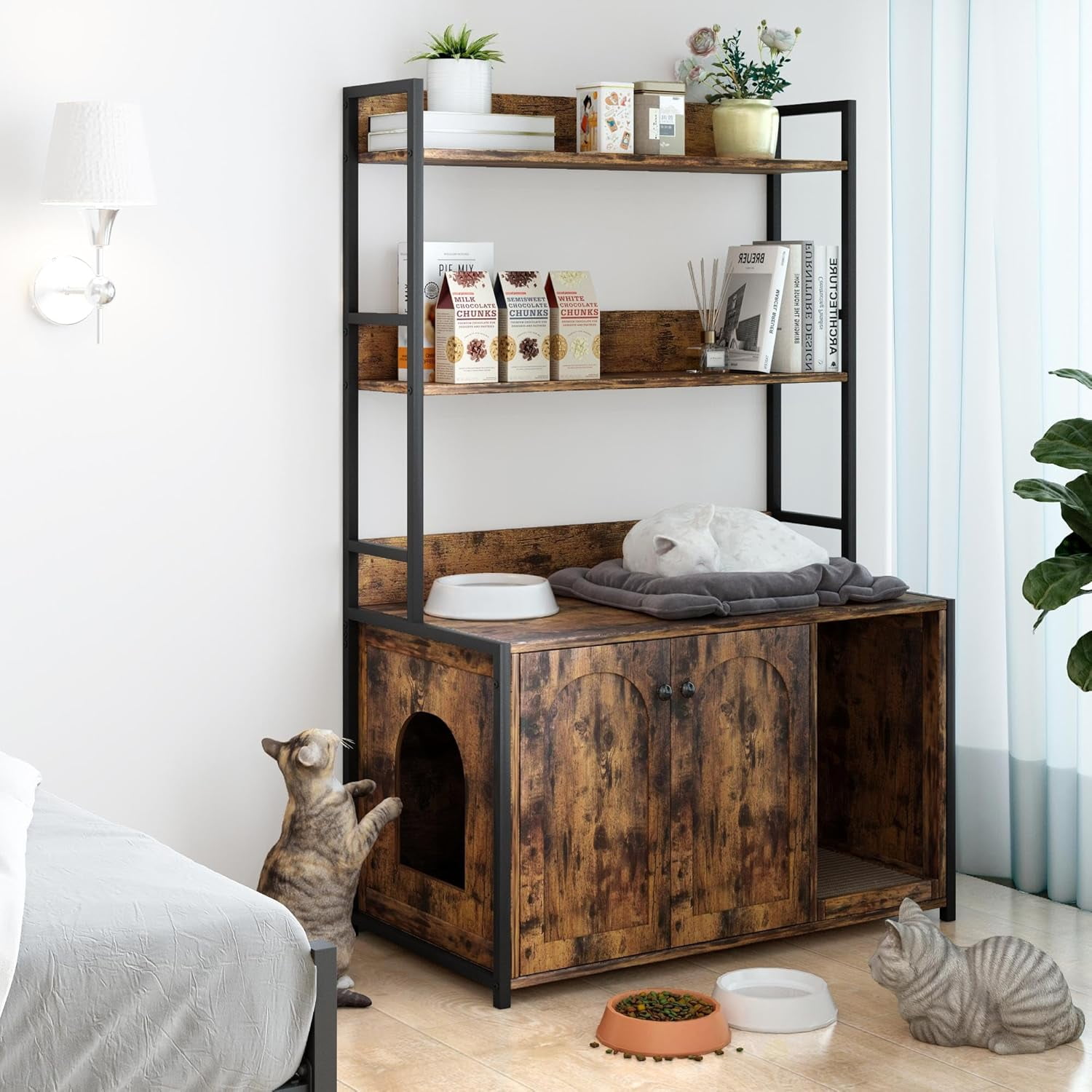 Litter Box Enclosure with Shelves, Wooden Hidden Cat Litter Box Enclosure Furniture with 2 Door, Indoor Cat House with Scratch Pad, Storage Cabinet Display Rack