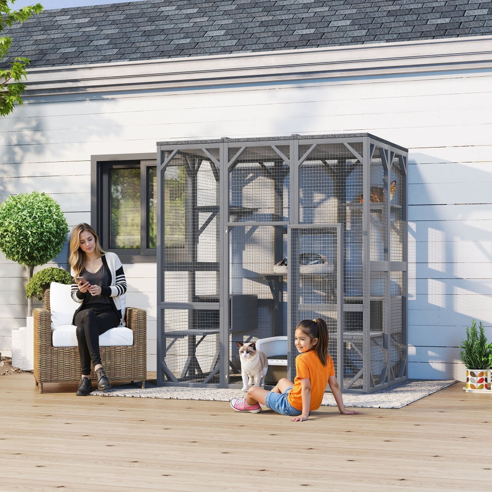 AUU 71" Large Outdoor 3-Tier Cat Enclosure for Multiple Cats, Waterproof Roof, 6 Platforms for Patio Yard Garden