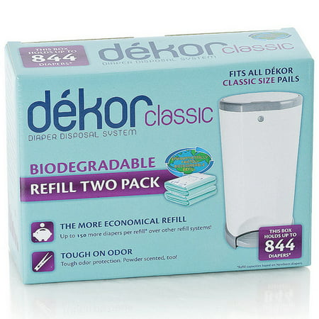 Dekor Classic Diaper Pail Biodegradable Refills | Most Economical Refill System | Quick & Easy to Replace | No Preset Bag Size | Exclusive End-of-Liner Marking | Baby Powder Scent | 2