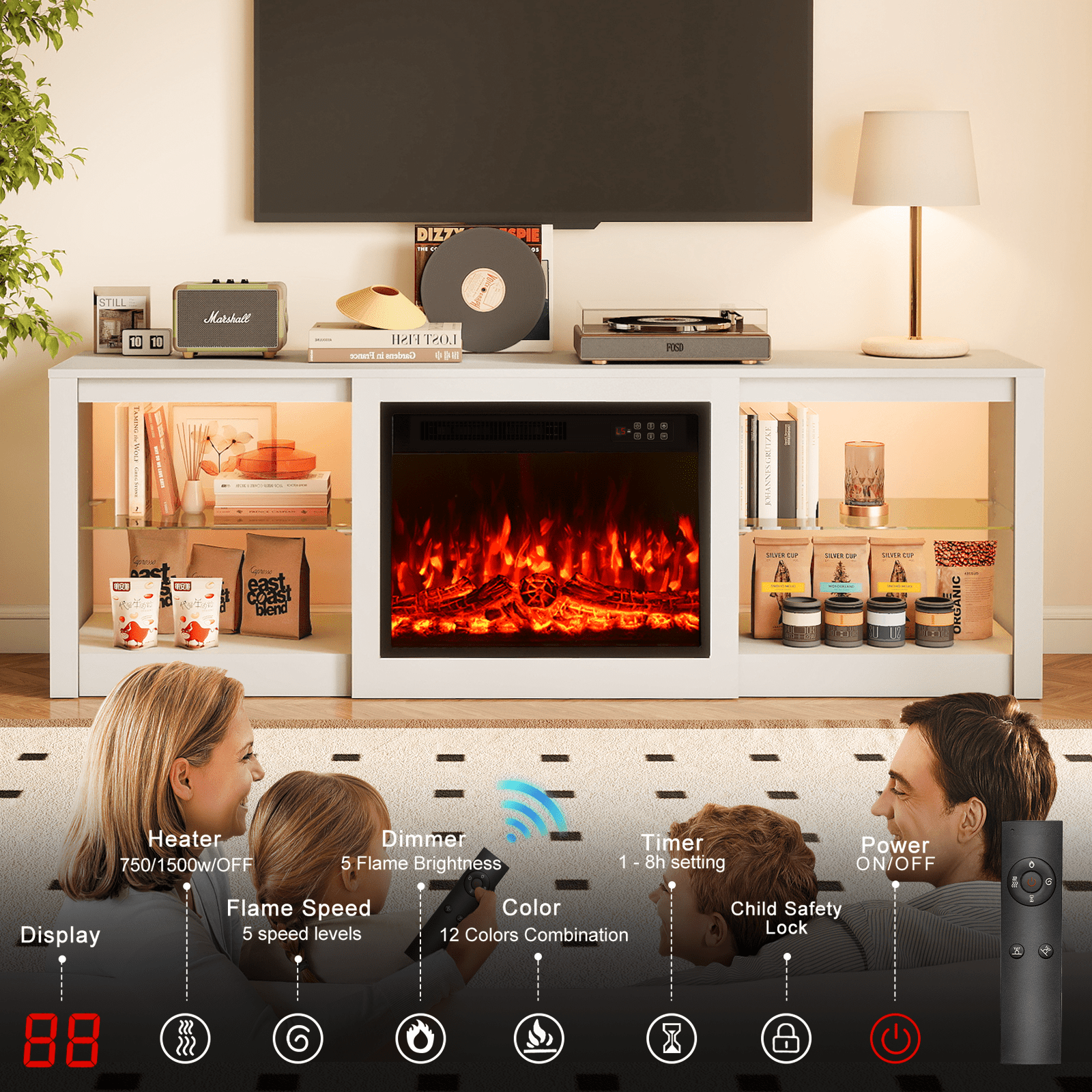 Rocyis 70'' Fireplace TV Stand with LED Light and Entertainment Center for 80'' TV with Adjustable Glass Shelves, White TV Console for Living Room/Bedrom, White