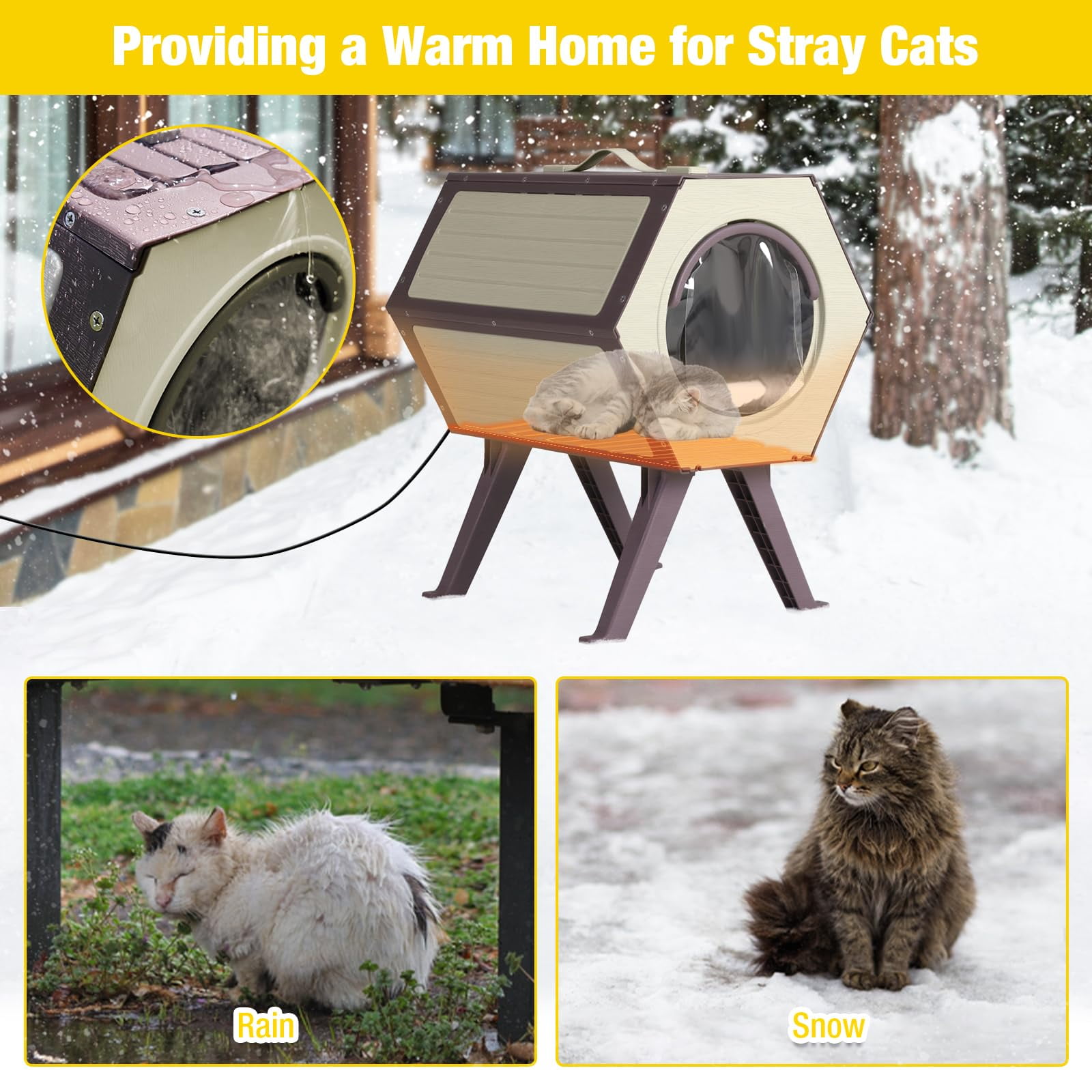 Aivituvin Outdoor Heated Cat House with Heated Pad, Insulated Feral Cat Shelter House & Condo for Winter Weatherproof, Brown & White, 1 Set