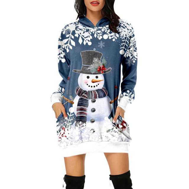 EHQJNJ Sweat-Shirt Surdimensionné à Col Rond pour Femmes Mode de Noël Manches Longues avec Poche Imprimé Robe Mode Fine Sweat-Shirts pour Femmes Col Rond Sweat-Shirt Mignon Graphique pour Femmes