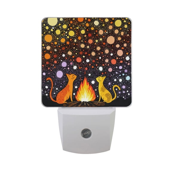 Cute Cats Fire Starry Night LED Night Light Sensor Lamp Plug-in Adjustable Brightness 2 Pack