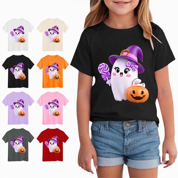 larppty Kids Halloween Shirt Boys Girls Pumpkin Graphic T Shirt Spooky Season T-Shirt Halloween Ghost Short Sleeve Tops (Black,5-6 Years)