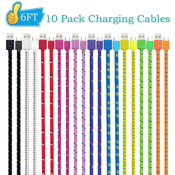 10Pack Usb Cables,Type C Charger Fast Charging Cable Cord 6ft,AlmosTen USB A to USB C Cable Android Phone Chargers Type C for Samsung Galaxy S23 S22 S21 for iPhone 16 15 Pro/Pro Max/Plus,Multi-color