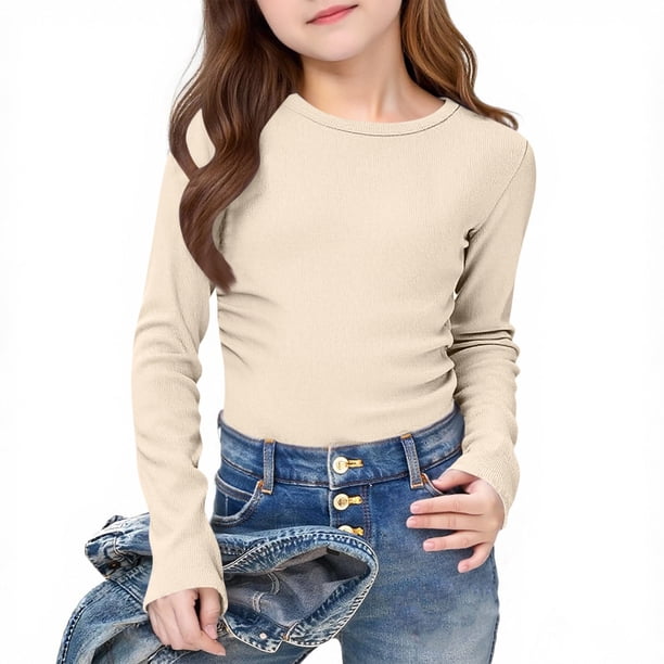 Camisas lisas de manga larga para niñas, lindas blusas casuales elegantes con cuello redondo, ropa, camisas de cuello redondo, top de poliéster para niñas
