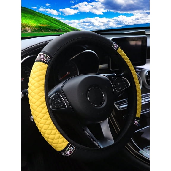 LJing 1-Piece PU Leather 3D Embroidered Rhinestone Steering Wheel Cover, Blingbling Style For Women (14.5-15 Inches)
