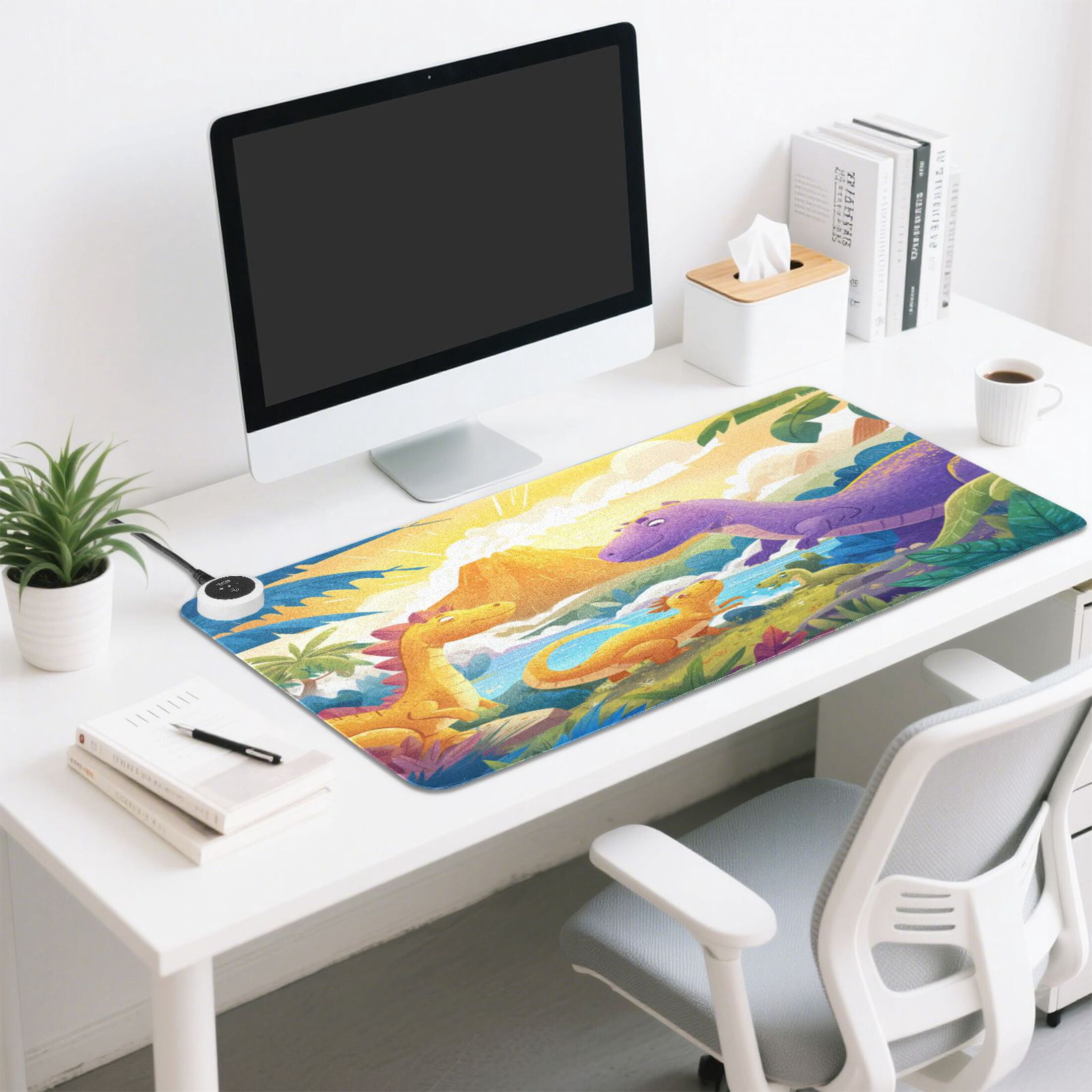Large Heated Desk Mat Mouse Pad 31.5"x13"PU Leather Graphene Heating Desk Warmer with 3 Temperature Settings 110V US Plug Non-Slip Warm Pad for Home, Office, and Gaming Cute Dinosaur Volcano Scene