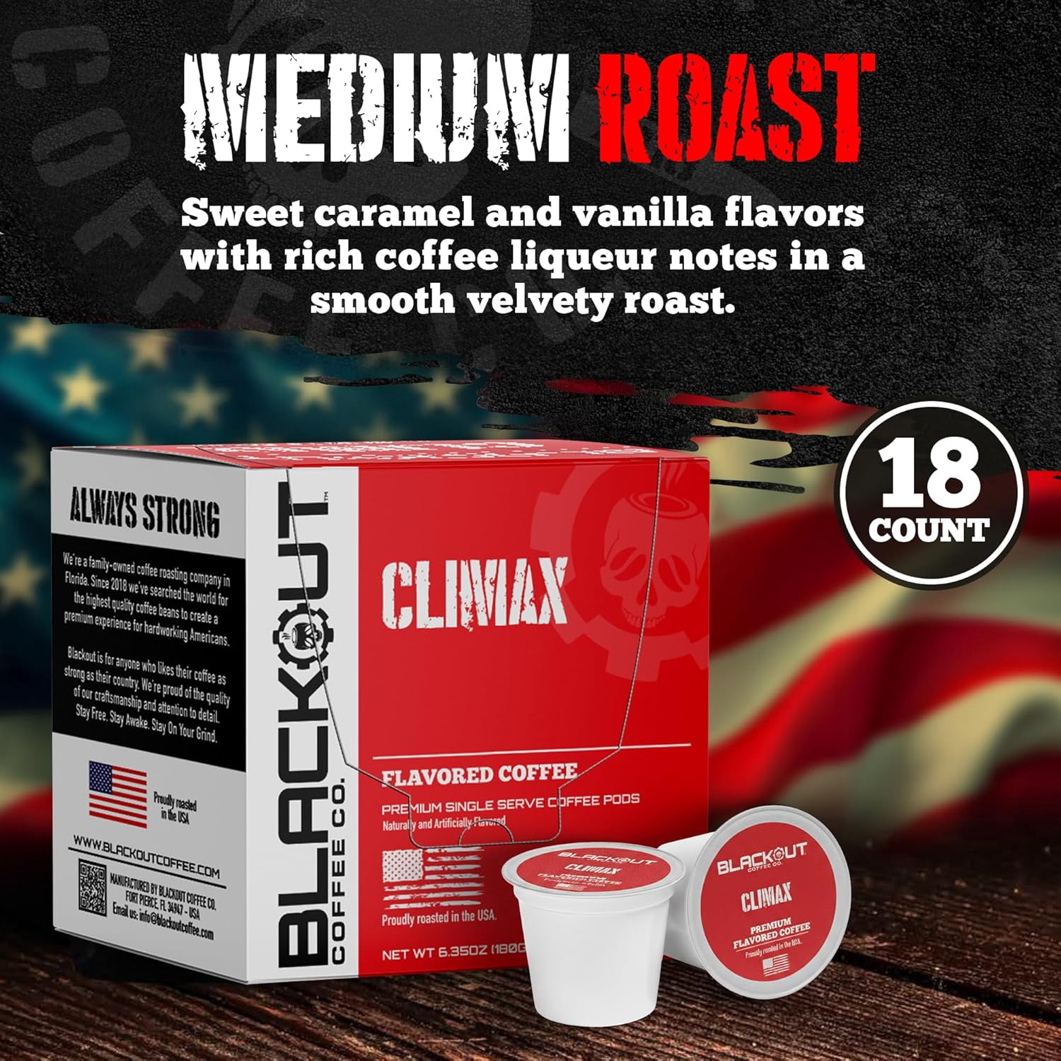 Blackout Coffee CLIMAX Amaretto, Irish Cream & Kahlua Flavored Coffee Pods – Premium Arabica, Smooth Taste, Guilt-Free Indulgence – 18 Count Single Serve Coffee pods