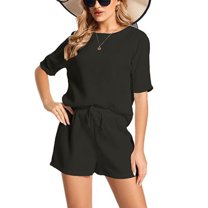 SWSMCLT Women's Summer 2 Piece Casual Shorts Set Drawstring Mid Date Night Suits Fall Lounge Soft Short Sleeve Outfits Black Large