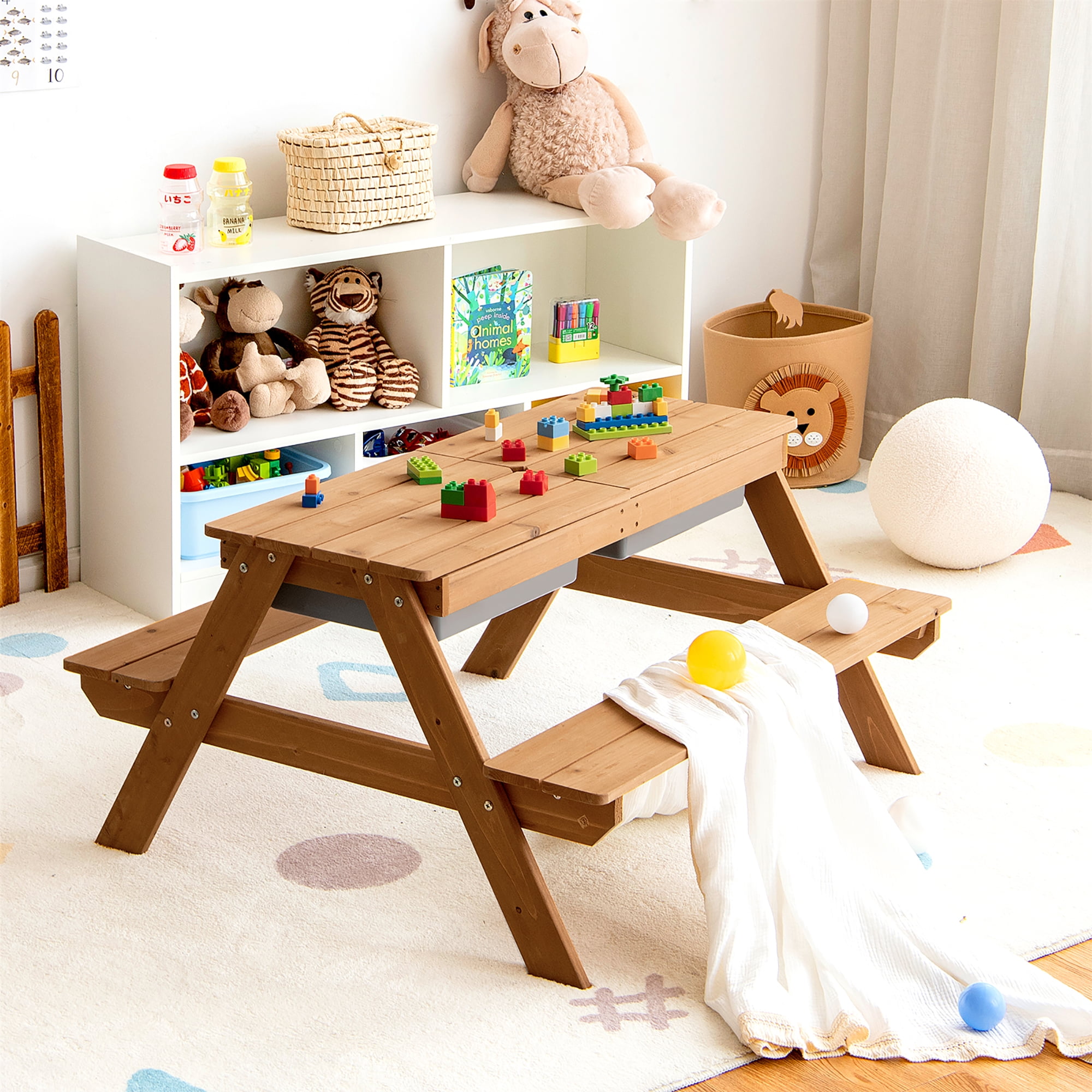 Costway 3-in-1 Kids Picnic Table Wooden Outdoor Sand & Water Table with Umbrella Play Boxes Natural