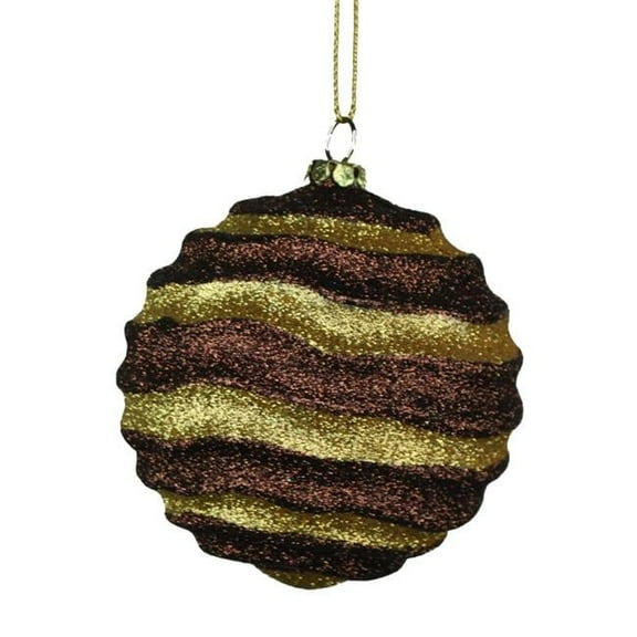 Queens of Christmas ORN-BALL-80-WOOD 80 mm Stripe Waves Chocolate & Gold Ball Ornament