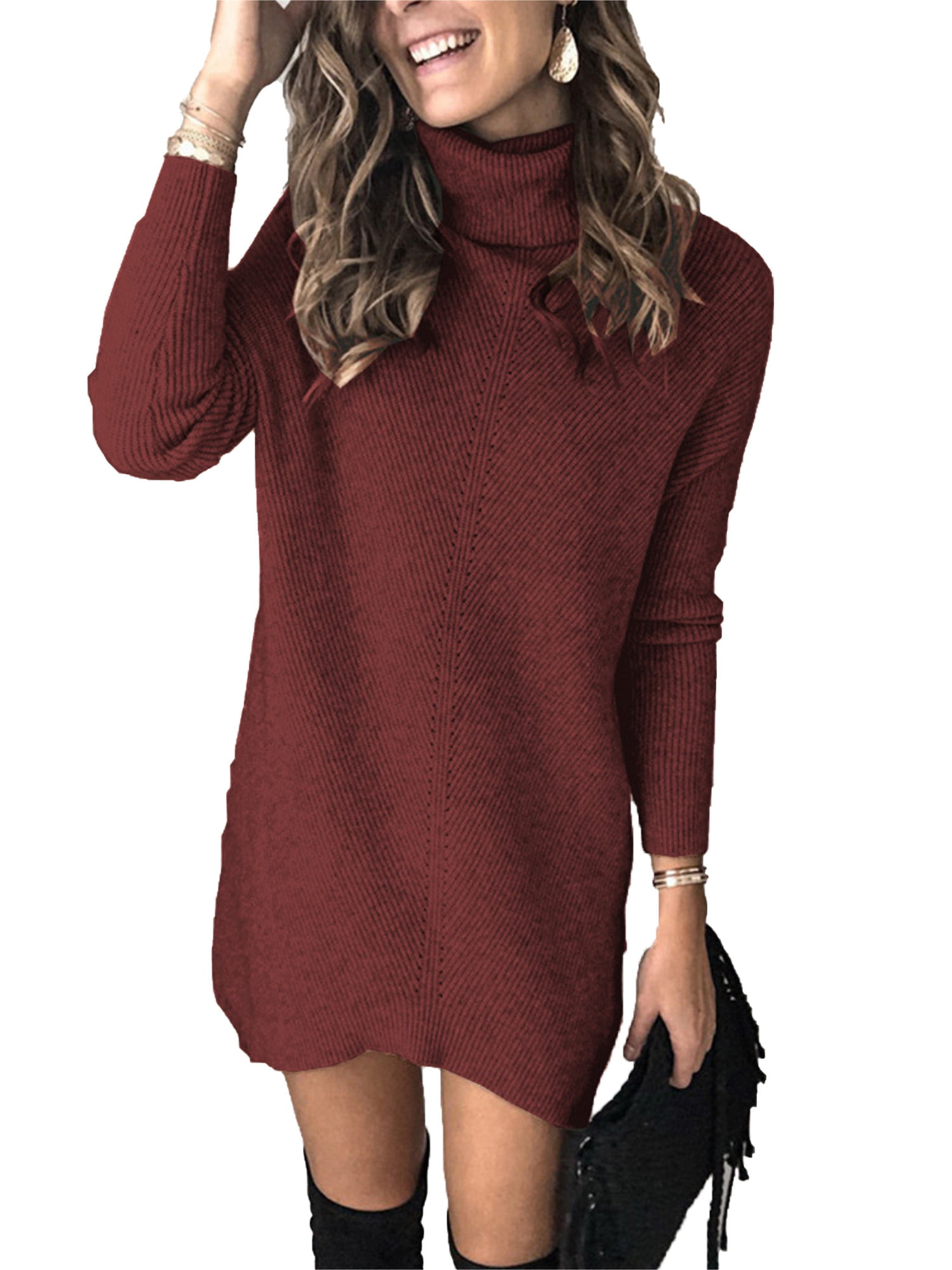 Ladies Long Sleeve Polo Roll Neck Knitted Baggy Side Slit Jumper Midi Warm Dress 