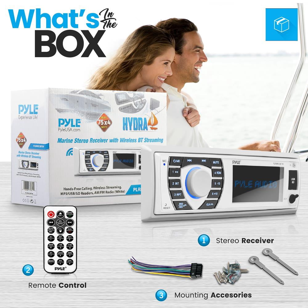 Pyle Single DIN Marine Bluetooth Stereo Receiver with Remote, White
